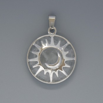 Anhänger 'Sonne' aus Bergkristall, Durchmesser ca. 27 mm, Länge ca. 37 mm, silberfarbene Fassung
