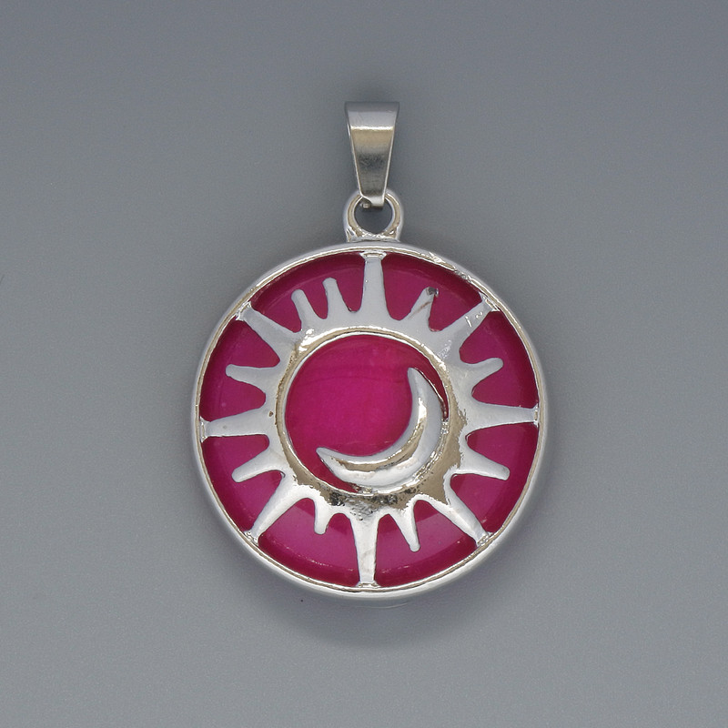 Anhänger „Sonne“ mit himbeerrotem Turmalin, Durchmesser ca. 27 mm, Länge ca. 37 mm, in silberfarbener Fassung