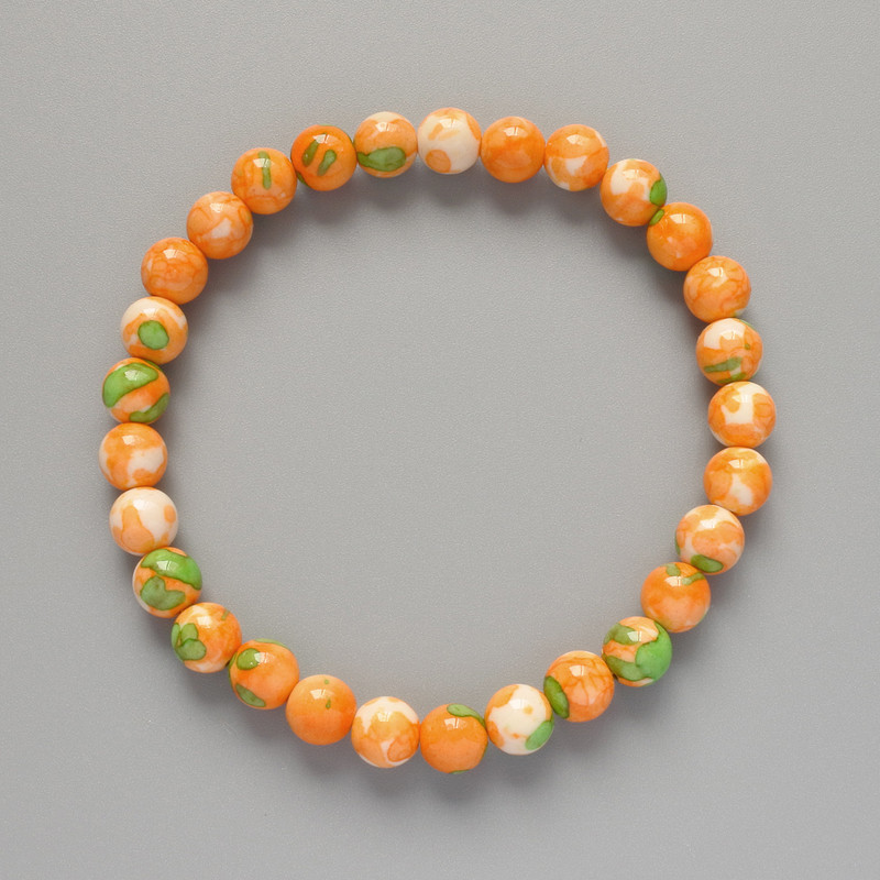 Armband 'Varizit' (künstliches Acryl) grün, orange und weiß, glatte Kugel, Durchmesser ca. 7 mm, Länge ca. 18 cm (Stretch)
