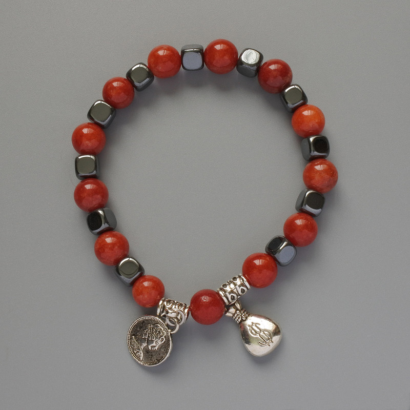 Armband aus rotem Jaspis und Hämatit, Durchmesser der Perlen 8,5 mm, 6 mm +/-, Länge ca. 18 cm +/- (Elastik) mit Metalleinlagen