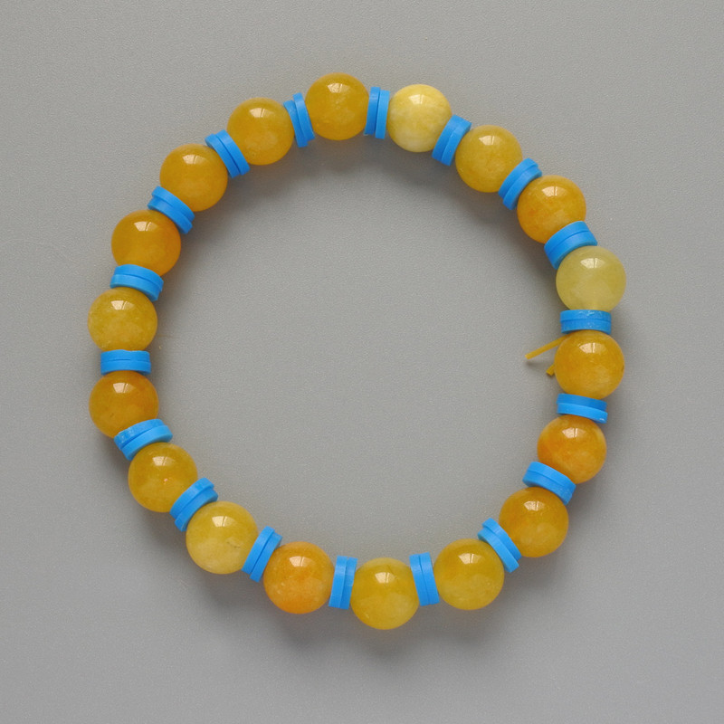 Armband „Ukraine“ aus Citrin – glatte Kugel, Durchmesser ca. 8,5 mm, Länge ca. 18 cm, elastische Basis mit Einsätzen aus Polymerknete