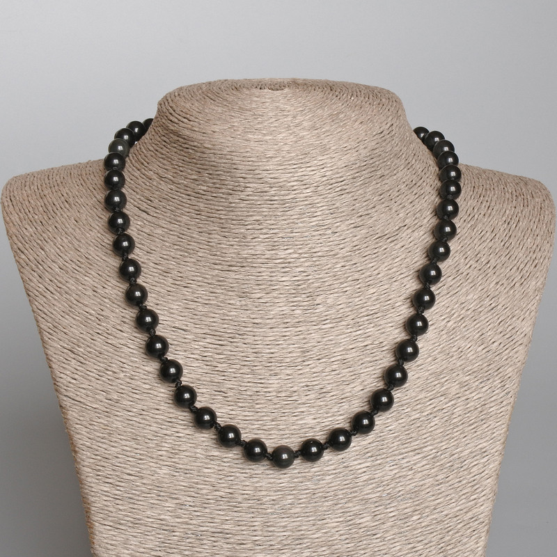 Kette aus silberglänzendem Obsidian, Naturstein, glatte Kugel, Durchmesser 8 mm, Länge ca. 49 cm