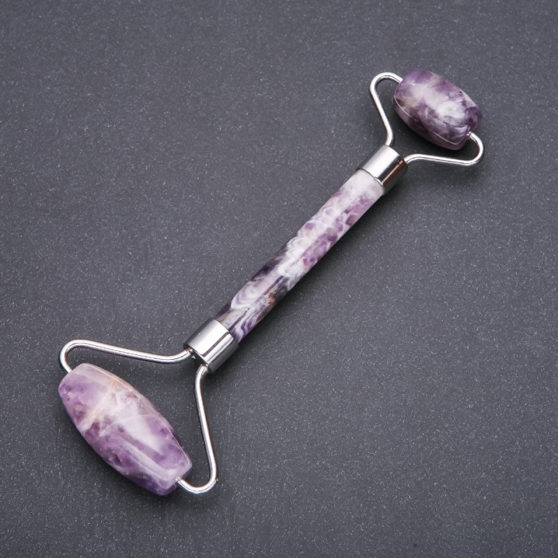 Amethyst-Massagegerät, beidseitig, Länge 14,5 cm, silberfarbenes Metall