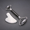 Set von Massagegeräten aus Hämatit – Rollmassagegerät (ca. 14 cm) + Gua-Sha-Platte (ca. 5×8 cm ±), silberfarbenes Metall