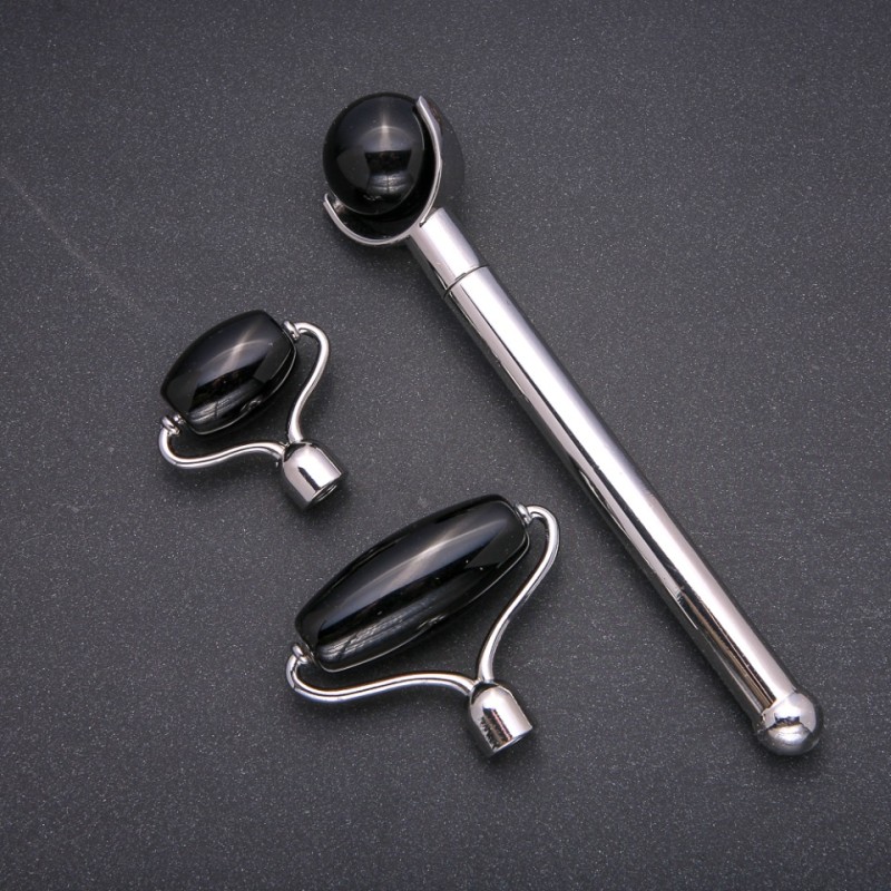 Agat-Massagegerät, Set mit 3 Aufsätzen aus silbernem Metall