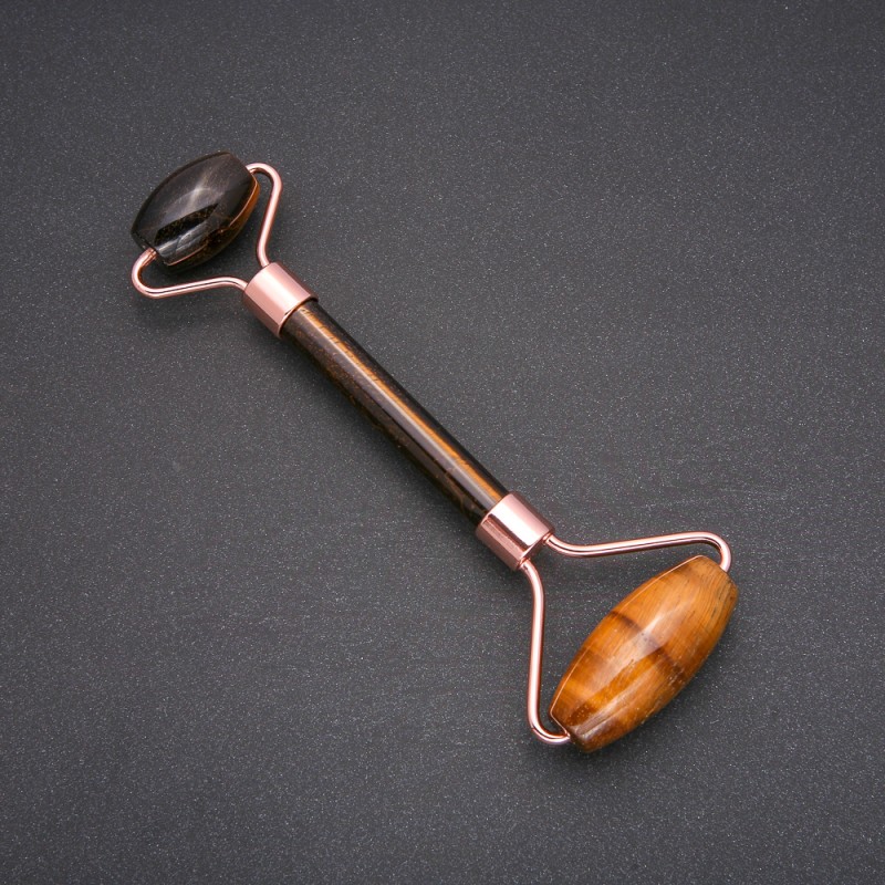 Rollenmassagegerät aus Stein – Tigerauge, goldfarbene Metallelemente, Länge 14,5 mm