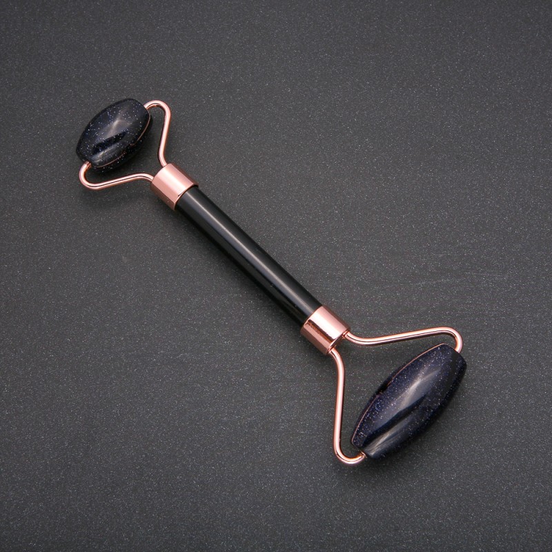 Rollmassagegerät aus Aventurin – Nacht Kaïra, blauer Sand, Länge 14,5 cm, kupferfarbene Metallteile
