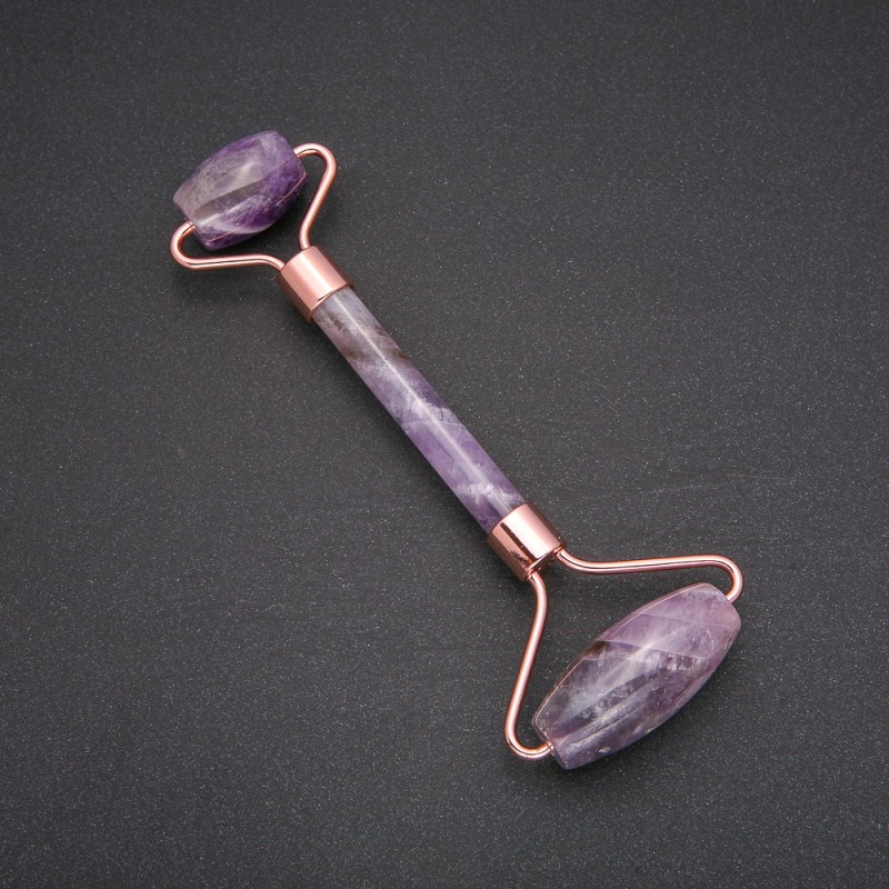 Rollmassagegerät aus natürlichem Amethyst mit goldfarbenem Metall, Länge 14,5 cm