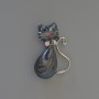 Brosche mit Anhänger 'Kätzchen' – schwarze Perlmutt-Emaille, Strass-Steine, silberfarbenes Metall 25×39 mm