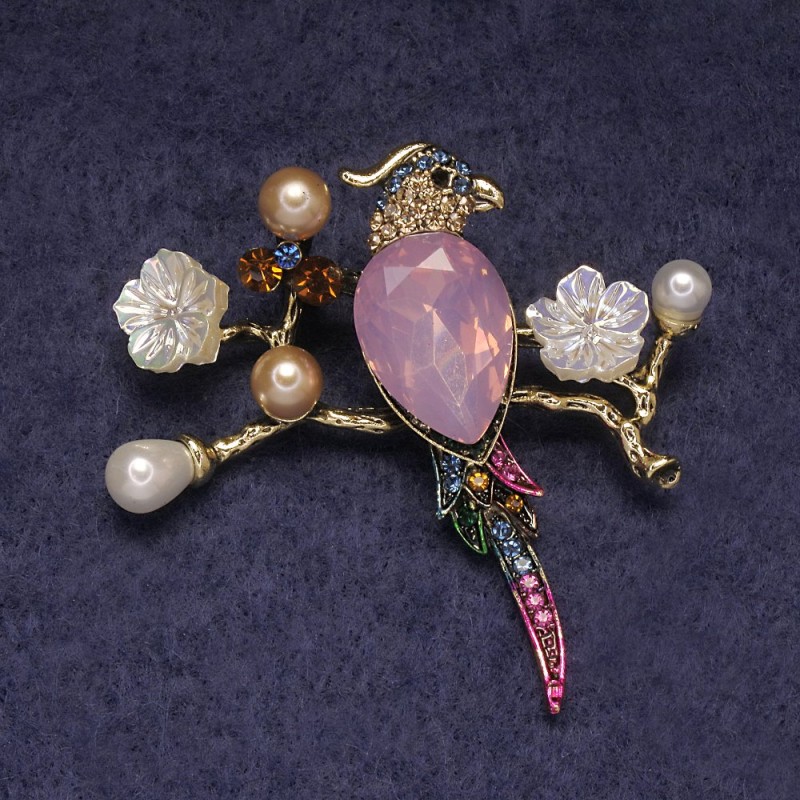 Brosche-Anhänger Papagei, rosa Kristall, bunte Strasssteine und Perlen, goldfarbenes Metall 50×48 mm