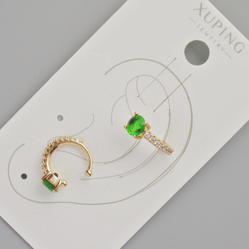 Clip-Ohrring Xuping mit grünem Kristall und weißen Strasssteinen, Durchmesser 13×5 mm ± Vergoldung 18K