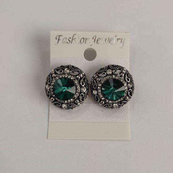 Ohrstecker mit runden grünen Kristallen, filigrane Fassung, Strasssteine, Durchmesser 20 mm
