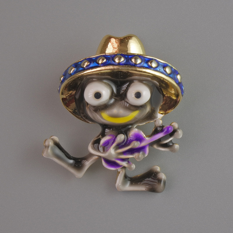 Froschbrosche mit Anhänger, violette Emaille und goldfarbenes Metall, 30 × 27 mm