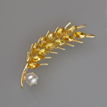 Brosche 'Ähre' mit gelben Kristallen und weißer Perle, 57 × 15 mm, goldfarbenes Metall