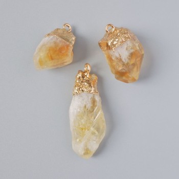 Anhänger Citrin, natürlicher Rohstein, unbearbeitet, Durchmesser 24×15 mm bis 38×16 mm ±, sortiert, goldfarbenes Metall