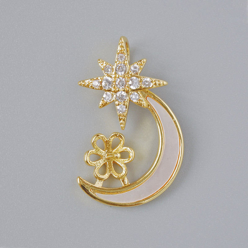 Anhänger «Mond» aus Perlmutt und weißen Strasssteinen, goldfarbener Metallton, Durchmesser 21,5×14 mm