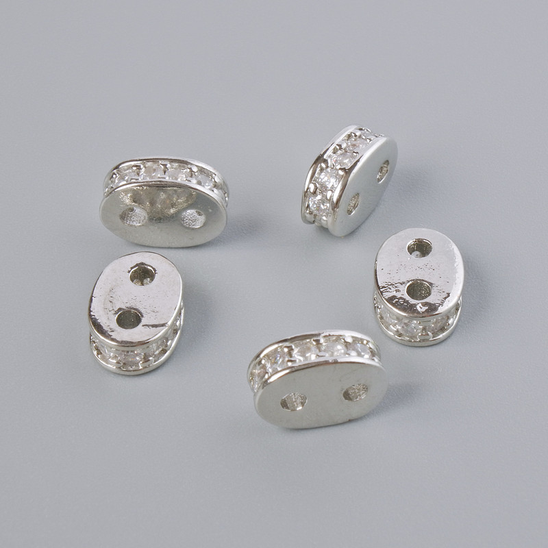 Trennperle für zwei Fäden, weiße Kristalle, silberfarbiger Metall, Durchmesser 8 × 3 mm, ± 1 Stück