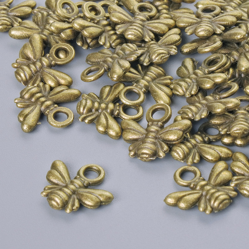 Schmuckzubehör Anhänger 'Biene', Ø 10 × 11 mm, Lochdurchmesser 1,9 mm, Verpackung ca. 33 Stück, bronzefarbenes Metall