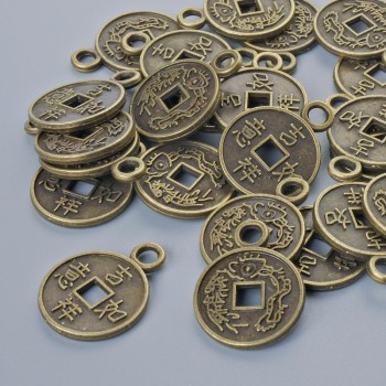 Anhänger 'Chinesische Münze', Durchmesser 17×13 mm, Lochdurchmesser 2,3 mm, Packung 24 Stück ±, bronzenfarbiger Metallton