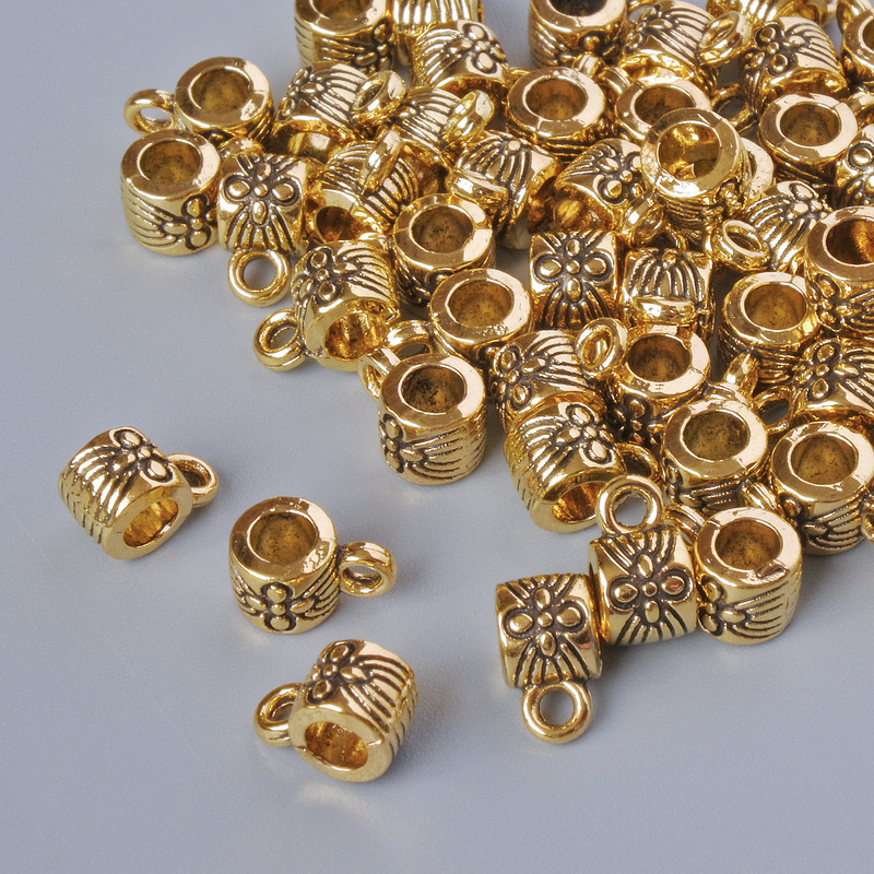 Schmuckzubehör Bail-Halterung, Durchmesser 4×5 mm, Lochdurchmesser 1,4 mm, 2,7 mm, Länge 7,5 mm, Verpackung 60 Stk. ± 20 g ± goldfarbener Metallton