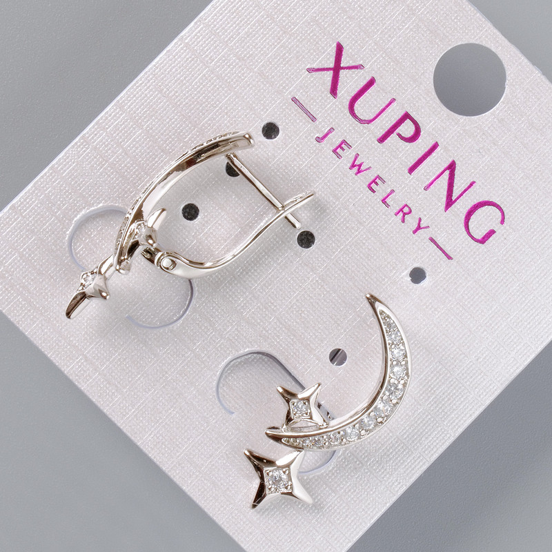 Ohrringe 'Mond und Sterne' Xuping mit weißen Strasssteinen, Durchmesser 24 mm, 5×10 mm, Rhodiumbeschichtung