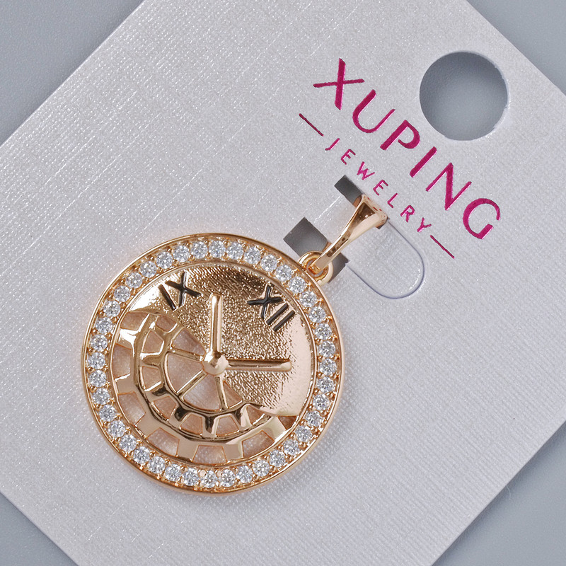 Anhänger „Uhr“ Xuping mit weißen Strasssteinen, Durchmesser ca. 22×20 mm, Länge 27,5 mm, Vergoldung 18K