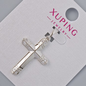 Anhänger 'Kreuz' Xuping mit weißen Strasssteinen, Durchmesser 26,5 × 17,5 mm, Länge 32 mm ± Rhodiumbeschichtung
