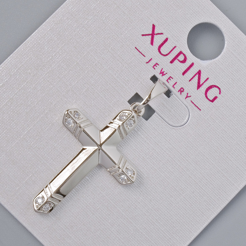 Anhänger 'Kreuz' Xuping mit weißen Strasssteinen, Durchmesser 26,5 × 17,5 mm, Länge 32 mm ± Rhodiumbeschichtung