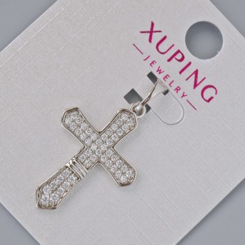 Anhänger Kreuz Xuping mit weißen Strasssteinen, Durchmesser 26 × 18 mm, Länge ca. 32 mm, Rhodiumbeschichtung