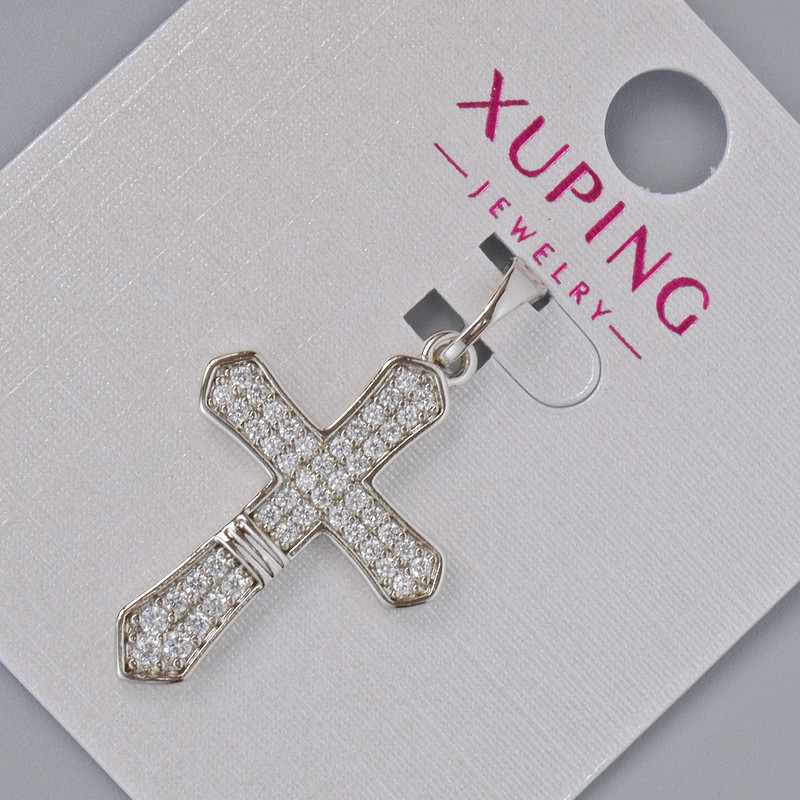 Anhänger Kreuz Xuping mit weißen Strasssteinen, Durchmesser 26 × 18 mm, Länge ca. 32 mm, Rhodiumbeschichtung