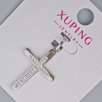Anhänger Kreuz Xuping mit weißen Strasssteinen, Maße 27×17 mm, Dicke ca. 5 mm, Länge ca. 33 mm, rhodiniert