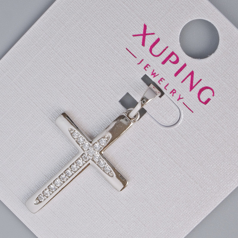 Anhänger Kreuz Xuping mit weißen Strasssteinen, Maße 27×17 mm, Dicke ca. 5 mm, Länge ca. 33 mm, rhodiniert