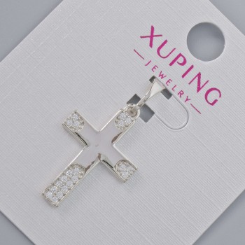 Anhänger Kreuz Xuping mit weißen Strasssteinen, Abmessungen ca. 22 × 15 mm, Länge ca. 27 mm, Rhodiumbeschichtung