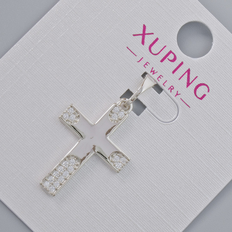 Anhänger Kreuz Xuping mit weißen Strasssteinen, Abmessungen ca. 22 × 15 mm, Länge ca. 27 mm, Rhodiumbeschichtung