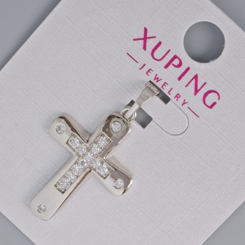 Anhänger 'Kreuz' Xuping mit weißen Strasssteinen, Durchmesser 26×17,5 mm, 5 mm+ -, Länge 31 mm ±, rhodiniert