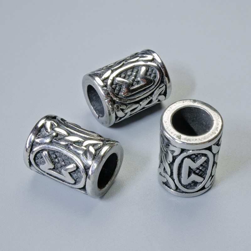 Perle, skandinavische Rune, Durchmesser ca. 13×10 mm, Loch Ø 6 mm, silberfarbener Metallton, 1 Stück