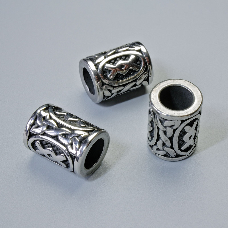 Perle mit Öse Skandinavische Rune, Durchmesser 13×10 mm, Lochdurchmesser 6 mm, silberfarbenes Metall, 1 Stück