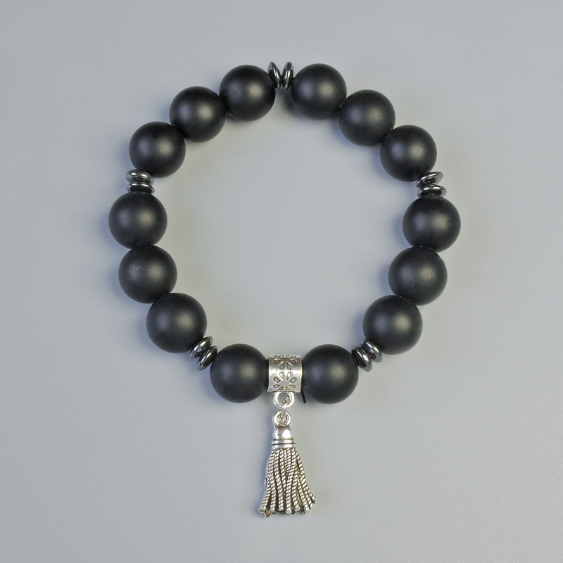 Armband Schungit (künstlich) glatte Kugeln, Durchmesser ca. 12 mm, elastisches Band, Länge ca. 18 cm, mit Hämatit-Einlagen