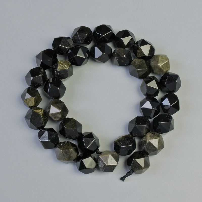 Sonnen-Obsidian-Perlen aus Naturstein, facettierte, Durchmesser 10x12 mm, Länge ca. 37 cm, auf Schnur