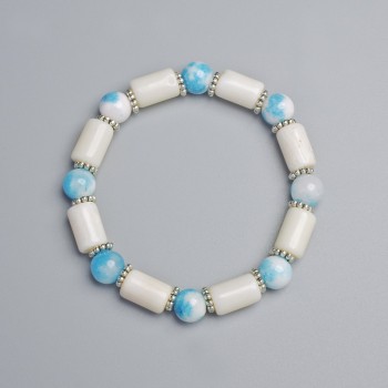 Armband Aquamarin (künstlich) und weißer Achat, Durchmesser ca. 7,5×12 mm, 8 mm ± (Elastik), Länge ca. 18 cm, mit Metall-Einlagen