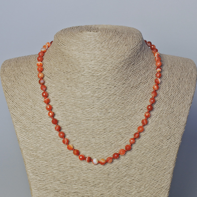 Kette aus Karneol, natürlicher Stein, facettierte Kugeln, Durchmesser 6 mm, Länge 45–48 cm