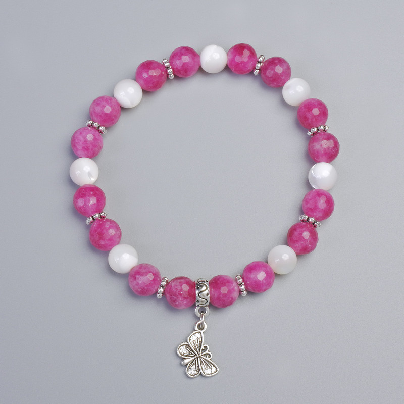 Armband aus Turmalin Rubelit und Perlmutt, Durchmesser 8 mm, 7,5 mm ± (elastisch), Länge 18 cm ± mit Metalleinlagen