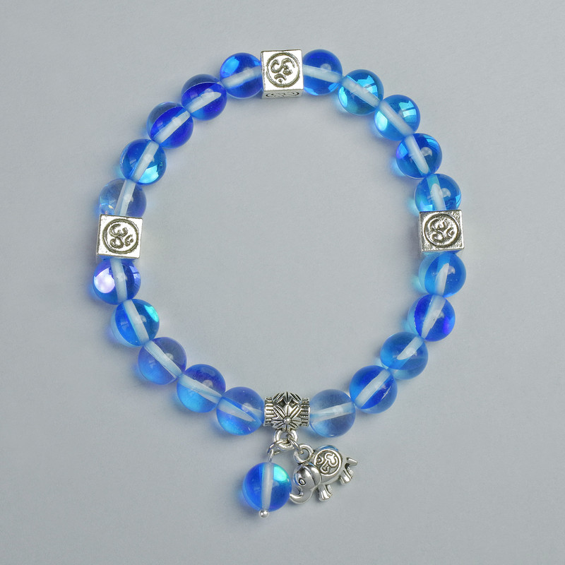 Armband aus blauem, transparentem Opalglas, Durchmesser ca. 8 mm, Stretcharmband, Länge ca. 18 cm, mit Metall-Einsätzen