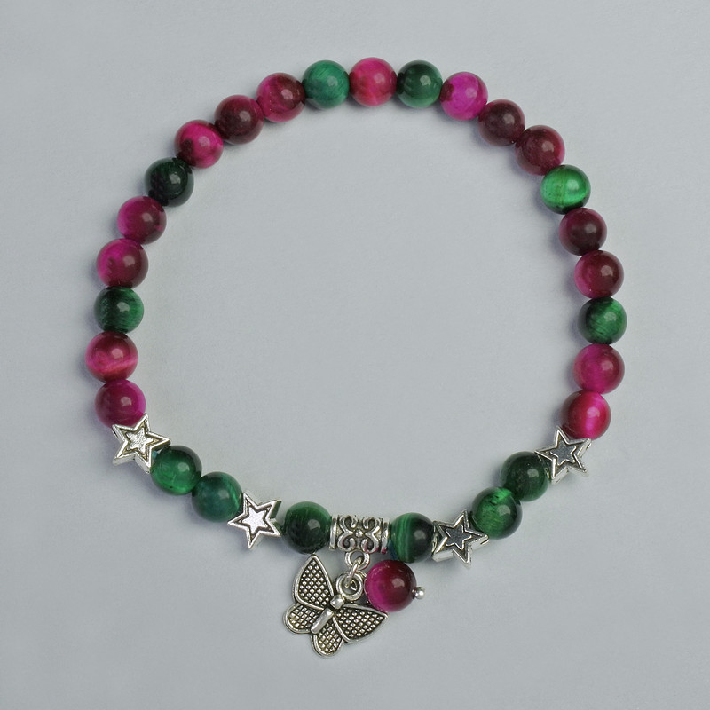 Katzenaugenstein-Armband Himbeerrot und Grün, Durchmesser ca. 6 mm, elastische Schnur, Länge ca. 18 cm, mit Metall-Einsätzen