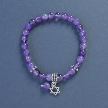 Amethyst-Armband mit glatten Kugeln, Durchmesser 6 mm, Länge 18 cm, Stretch mit Davidstern-Anhänger