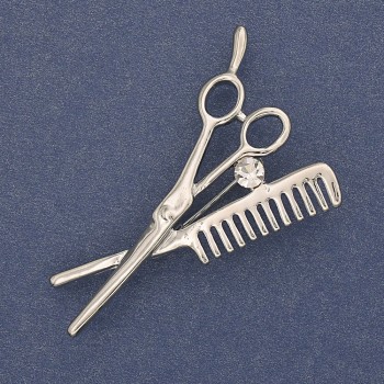 Brosche 'Kamm und Scheren' weißer Strassstein, silberfarbener Metallton, 47×32 mm+