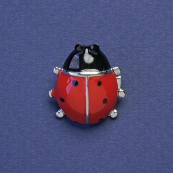 Brosche Marienkäfer rot-schwarz Emaille, schwarze Strasssteine, Metallfarbe Silber, 21×19 mm+
