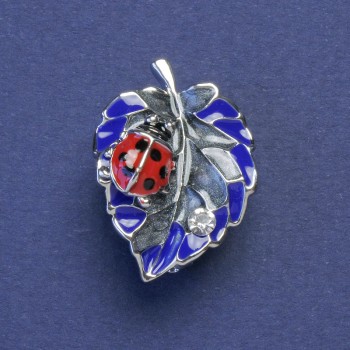 Brosche Marienkäfer gelb-blau Emaille, silberfarbenes Metall, 17×24 mm+