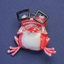 Brosche-Anhänger „Frosch mit Brille“ in roter und weißer Emaille, rosa Strasssteine, goldfarbenes Metall, 38×35 mm +