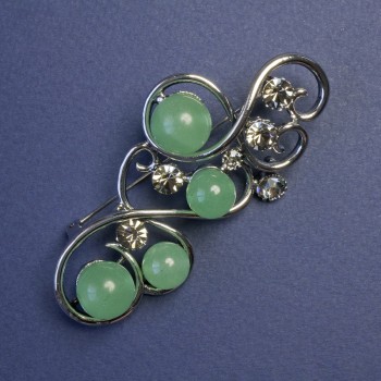 Brosche mit Nephrit und grauen Strasssteinen, Metallfarbe 'Silber' 75×37 mm+